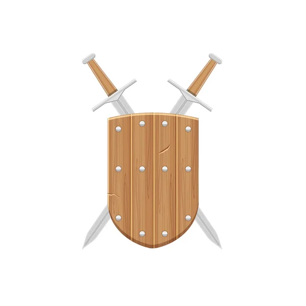 Концепція середньовічної зброї. Гарний дерев'яний середньовічний щит з двома схрещеними мечами, розташованими за щитом. Геральдичний знак щита і меча. Вектор на білому тлі . — стоковий вектор