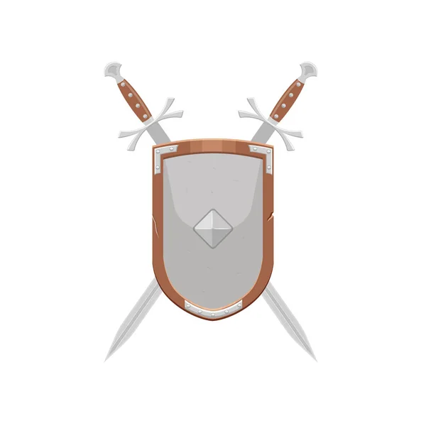 Il concetto di armi medievali. Un bellissimo scudo medioevale in ferro con due spade incrociate posizionate dietro uno scudo in acciaio. il simbolo araldico dello scudo e della spada. Vettore. — Vettoriale Stock