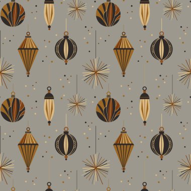 Art Deco tarzında cam ağaç oyuncaklarıyla kusursuz kış deseni. El çizimi Noel şenliği. Yılbaşı dekoruyla arka planda tekrarlanıyor. Tasarım, ambalaj kağıdı, tekstil, el ilanı için Vektör Xmas süsü