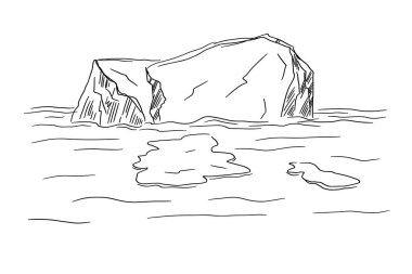 Antarctica vector sketch on isolated background. Illustration of Northern landscape with glacier in the ocean. Ecology, geography, travel, global warming. Hand drawn Panorama in minimalist line style