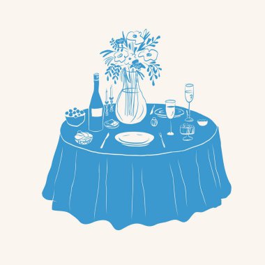 Masa örtüsü ve izole edilmiş arka planda yemek olan bir çizim. Romantik Yemek 'in el çizimi. Düğün kartı, etkinlik, broşür, davetiye, doğum günü için tasarım. Vektör çizimi. Yemek, yaşam tarzı.