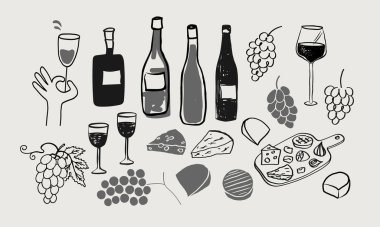 Şarap, üzüm ve peynirli eskiz. Çeşitli şişeler, şarap kadehleri, üzüm bağları ve şaraphaneyle illüstrasyon. Beaujolais Nouveau festivali için tasarım malzemeleri, tatma, etiketleme, kart. İçki partisi