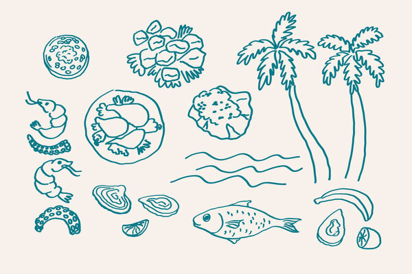 Caribbean food boho sketch. Vector Line art illustration with rice, beans, seafood, fried corn, Griot, Jerk chicken, Fried fish, grill, black banana. Exotica cuisine. Design elements for menu, label