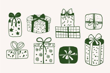 Çizilmiş hediye kutuları ve aksesuarlar. Kutlamalı hediyeler, kurdeleler. El çizimi vektör çizimi. Tatil hediyeleri, satış, tasarım, kartpostal, el ilanı, doğum günü kartı, baskı. Boho estetiği 