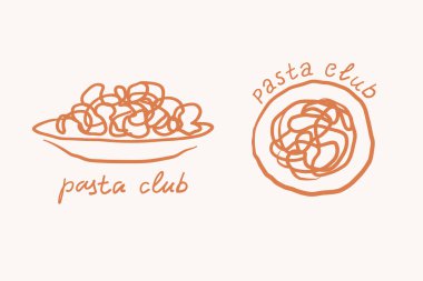 Çizim tarzında makarna logosu. Tabakta makarna karalaması. La Dolce Vita estetiği olan klasik ikonlar. Menüler, logolar, ambalajlar, kart ve restoran posterleri için son moda sanat eserleri. Vektör satırı illüstrasyonu