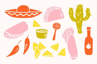 Meksika yemek afişi. Sombrero, taco, nachos, burrito, kaktüs, biber. Ulusal Meksika mutfağı. İzole edilmiş arkaplanda vektör illüstrasyonu. Logo, kart, menü, imza, el ilanı için tasarım ögesi