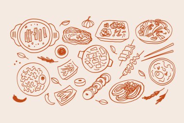 Kore yemek afişi. Elle çizilmiş kimchi, bulgogi, soya sosu, tteokbokki, sos, çorba, erişte, biber, baharatlı bitki. Geleneksel Doğu Asya mutfağı. Logo, menü, kart, etiket için tasarım ögeleri 