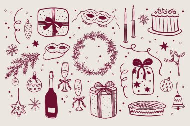 Estetik Yeni Yıl veya Noel seti. Cam ağaç oyuncaklarıyla kış karalamaları, karnaval maskeleri, şampanya, hediyeler, flamalar, şenlikli kış dekorları, Noel ağacı. Tasarım, ambalaj, kart için el çizimi