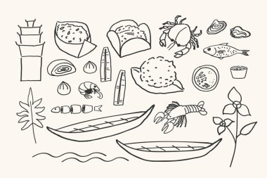 Kamboçya mutfağı çizimi. Balık, pirinç, köri, deniz ürünleri, yengeç, Amok, sos, tatlı, Romduol çiçeği, tekne. El yapımı egzotik yiyecekler. Tasarım, menü, işaret, logo, etiket kavramı