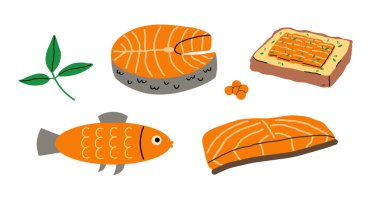 Somon Alabalık Seti. El yapımı balık bifteği, balık, sandviç, havyar. Norveç ya da İskandinav mutfağı, yemek, deniz ürünleri, deniz balıkçılığı. İzole edilmiş arkaplanda vektör karikatür çizimi. Tasarım için