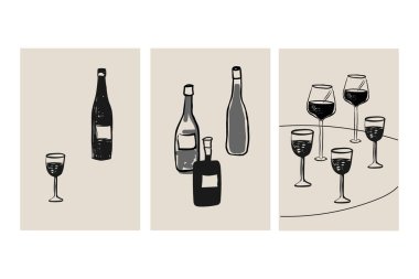 Şarap şişeleri ve cam posterler. Parti ve içkiler. El yapımı tatma kartları. Tebrikler, duvar kâğıdı, davetiye, düğün, tatil, bar dekorasyonu için tasarım. Fırça desenli içecekler