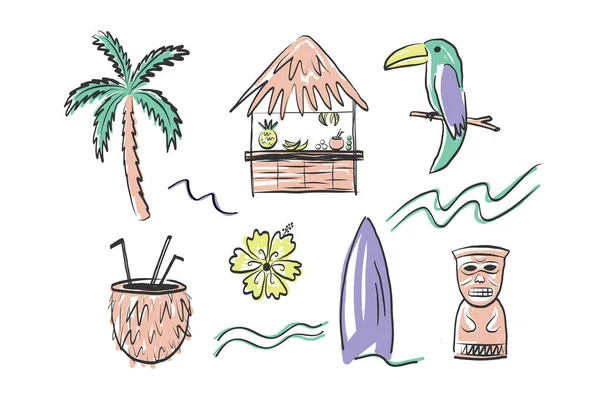 Hawaii tropik sembolleri. Tiki heykeli, palmiye ağacı, egzotik çiçek, deniz, hindistan cevizi kokteyli, sörf tahtası, tukan kuşu. El çizimi vektör çizimi. Yaz için, seyahat, sörf, plaj temaları