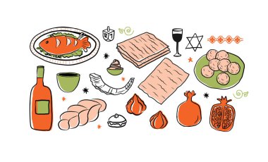 Yahudi mutfağı ve dini bayramlarla eskiz. Vektör çizimi. Doldurulmuş balık, humus, Shofar boynuzu, falafel, challah, matza, tatlılar, David Star. Hanukkah için şenlikli yemek, Tu Bishvat