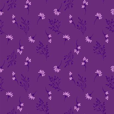 Seamless vector floral pattern with delicate lavender flowers and leafy stems on a deep purple background. Elegant botanical design for textiles, wallpapers, and wrapping