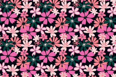 Seamless vector floral pattern with abstract pink, purple, and green flowers on dark background. Elegant retro style design for fabric, wrapping, wallpaper, and surface print