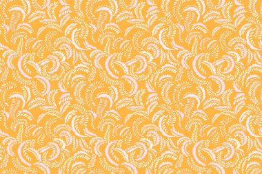 Elegant seamless vector pattern of swirling ornamental leaves in soft pastel pink and cream on a warm ochre background. Designs for textiles, wallpapers, and packaging