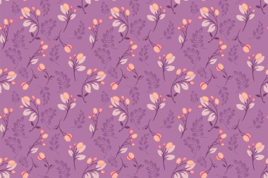 Seamless floral vector pattern with delicate peach buds, soft leaves, and decorative foliage on a purple background. Elegant botanical design for textiles, wallpaper, and decor