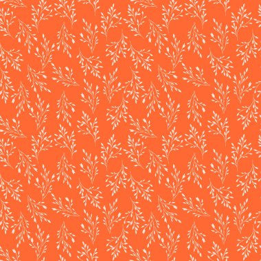 Elegant seamless vector pattern with delicate hand drawn white branches and leaves on a terracotta background. Botanical themed designs for textiles, wallpapers, packaging,