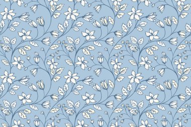 Seamless vector pattern with delicate cream flowers and leaves on a soft blue background. Elegant botanical design for fabric, wallpaper, stationery, and wrapping