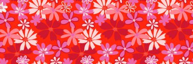 Seamless vector floral pattern with bold pink, purple and red flowers on vibrant red background. Retro inspired design for fabric, wallpaper, wrapping and decor