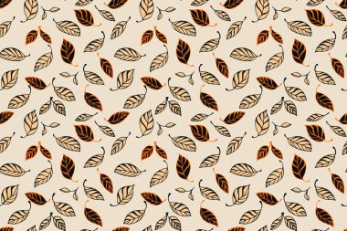 Vector seamless pattern with repeating leaves in various shapes and sizes on a beige background. Contemporary minimalist ornament for cover, fabric, children textile, surface design