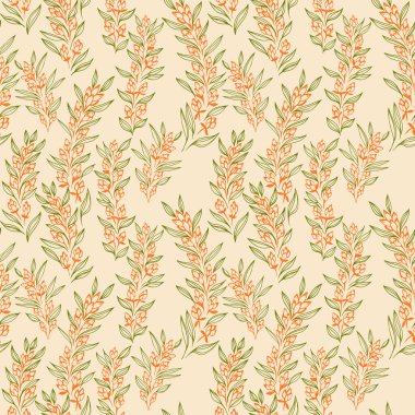 Seamless vector pattern with delicate orange floral branches and green leaves on a beige background. Elegant botanical design for textiles, wrapping, and surface decor