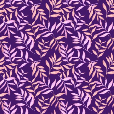 Elegant seamless vector pattern with artistic branches and pastel leaves on a dark purple background. Stylish botanical design for textiles, wallpapers and decor