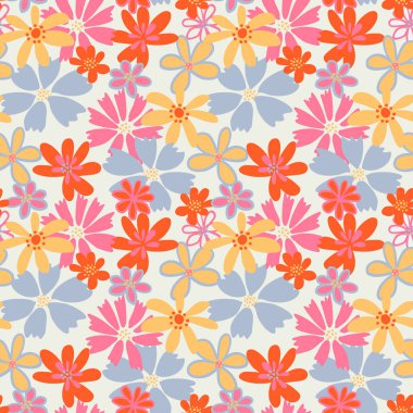 Kırmızı, pembe, sarı ve mavi renkli parlak soyut çiçeklerle kusursuz bir çiçek deseni. Kumaş, ambalaj kağıdı ve yaz temalı tasarımlar