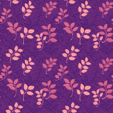 Seamless vector foliage pattern with pink and mauve leafy branches on a purple background. Elegant botanical design for fabric, wallpaper, wrapping, and surface print