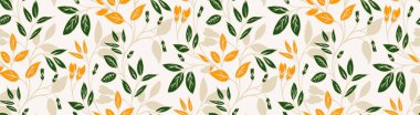 Elle çizilmiş dalları, turuncu tomurcukları, açık arkaplanda koyu yeşil ve bej yaprakları olan kusursuz vektör deseni. Kumaş, duvar kağıdı, ambalaj için zarif botanik tasarımı