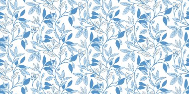 Mavi dalları, tomurcukları ve beyaz arka planda yaprakları olan kusursuz vektör deseni. Tekstil, duvar kağıtları, ambalaj ve dekor için zarif botanik tasarımı