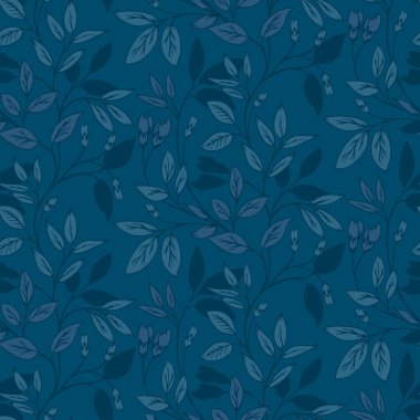 Donanma arka planında zarif koyu mavi yapraklı dalları ve tomurcukları olan kusursuz bir vektör deseni. Tekstil, duvar kağıtları ve ambalaj için gelişmiş botanik tasarımı