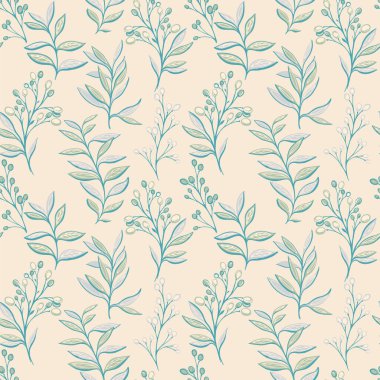 Hassas yapraklı dalları olan kusursuz vektör deseni ve bej arka planda yumuşak pastel yeşil ve mavi tonlarda böğürtlen. Tekstil, ambalaj ve duvar kağıtları için şablon