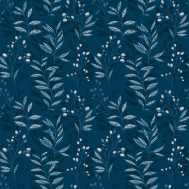 Kusursuz yapraklı dalları ve lacivert gri gölgeli böğürtlenleri olan kusursuz bir vektör deseni. Kumaş, ambalaj, duvar kağıdı ve dekor tasarımları