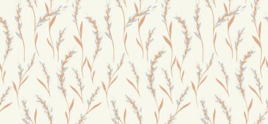 Kusursuz bir vektör deseni, minimum kır çiçekleri ve hafif arka planda yumuşak toprak tonlarında çimenler. Doğal temalı baskılar, eko ambalajlar, tekstil, duvar kağıtları ve kırtasiye malzemeleri için mükemmel.