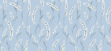 Zarif buğdaylı kusursuz vektör deseni yumuşak mavi arka planda bej ve beyaz dallara ilham verdi. Tekstil, duvar kâğıtları, ambalaj ve dekor tasarımları