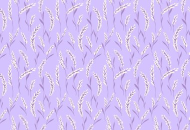 Zarif kır çiçekleri ve pastel lavanta arka planında yumuşak gri yapraklı kusursuz çiçek deseni. Kumaş, duvar kağıdı ve ambalaj için narin botanik tasarımı