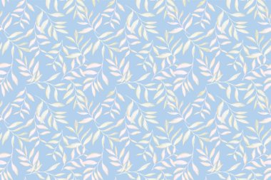 Yumuşak mavi arka planda pastel el çizgili zarif, pürüzsüz vektör deseni. Tekstil, duvar kağıdı, ambalaj ve kırtasiye malzemeleri için sanatsal botanik tasarımı