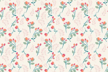 Hassas kırmızı ve turuncu tomurcukları, yeşil yaprakları ve yumuşak bej arkaplanı olan kusursuz vektör deseni. Kumaş, duvar kağıdı ve ambalaj için zarif dekoratif tasarım.