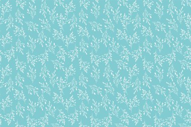 Yumuşak mavi arka planda narin beyaz botanik dalları olan kusursuz vektör deseni. Kumaş, duvar kağıdı, kırtasiye, ambalaj ve dijital tasarımlar için zarif, minimalist tasarımlar