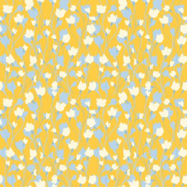 Narin kremalı ve sarı arka planda mavi çiçekli kusursuz vektör deseni. Tekstil, duvar kağıtları ve ambalaj için zarif botanik tasarımı.