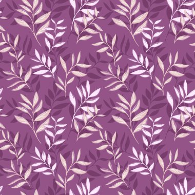 Eflatun mor arka planda bej ve leylak tonlarında yumuşak botanik yaprakları olan zarif, pürüzsüz vektör deseni. Kumaş, duvar kağıdı, ambalaj ve modern tasarım için şablon