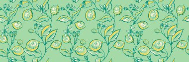 Yumuşak yeşil arka planda, limon, yaprak ve çiçek çizilmiş kusursuz vektör deseni. Zarif girdap detaylarıyla klasik botanik tarzı yeni, yazlık ve sanatsal bir görünüm yaratıyor.