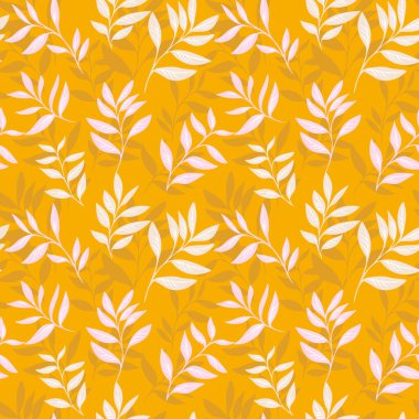 Hardal sarısı arka planda narin beyaz ve pembe yapraklar içeren kusursuz vektör deseni. Tasarım, tekstil, duvar kâğıtları ve dekoratif amaçlar için modern ve zarif.
