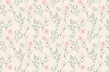 Kusursuz çiçek desenli, narin pembe çiçekleri ve açık arkaplanda yeşil dalları var. Tekstil, duvar kağıtları ve ambalaj için zarif botanik tasarımı