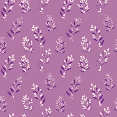 Zarif dalları ve yumuşak kremalı yaprakları olan kusursuz vektör deseni ve lavanta arka planında mor renkler. Kumaş, duvar kağıdı, ambalaj ve modern projeler için tasarımlar