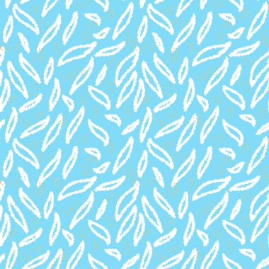 Beyaz el çizilmiş yaprakları ve açık mavi arka planda küçük turuncu noktaları olan kusursuz bir vektör deseni. Çocuk tekstil, ambalaj, duvar kağıtları ve oyuncu yüzey tasarımı