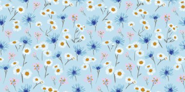 Beyaz papatyaları, mavi çiçekleri ve açık mavi arka planda pembe çiçekleri olan kusursuz vektör deseni. Kumaş ve dekor için taze, romantik ve zamansız tasarım.