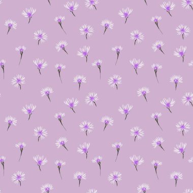 Yumuşak leylak arkaplanda narin beyaz ve mor tomurcukları olan kusursuz vektör deseni. Kumaş, ambalaj, duvar kağıtları, kadın markası, bahar tasarımı şablonu