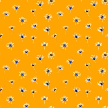 Parlak turuncu arka planda küçük beyaz ve lacivert kır çiçekleriyle kusursuz vektör deseni. Tekstil, hediye paketi, kırtasiye, moda baskıları, yaz tasarımı için harika.